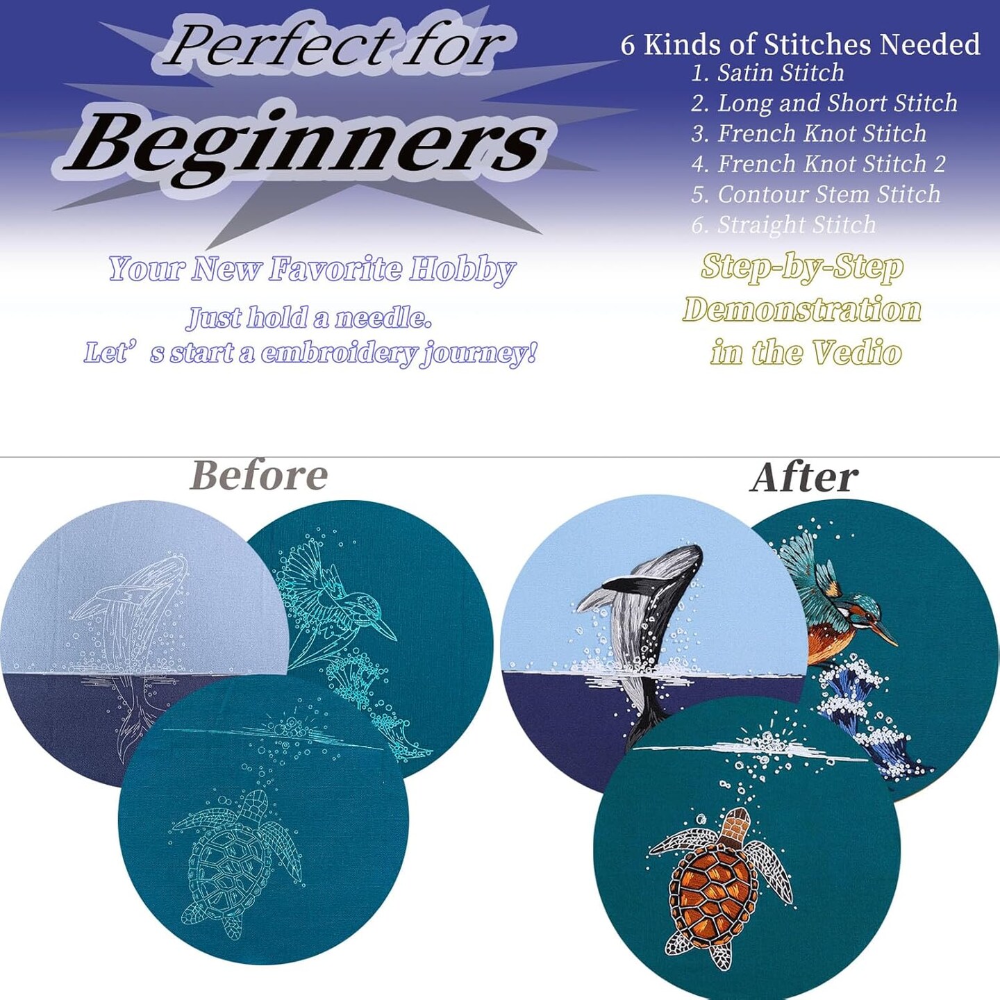 3 Set Crewel Embroidery Kit for Beginners (Colorfull) 12 x 12 x 0.03 inches