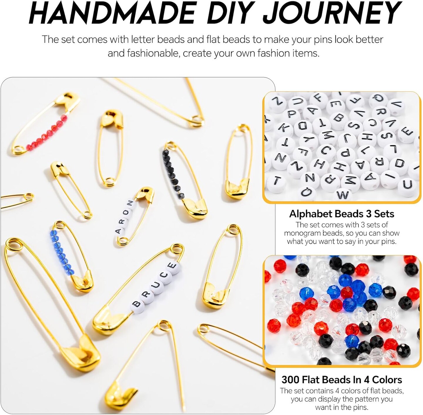 150Pcs Gold Safety Pins 3 Different Sizes, a Total of 300pcs DIY Colored Beads and 78pcs Letter Beads