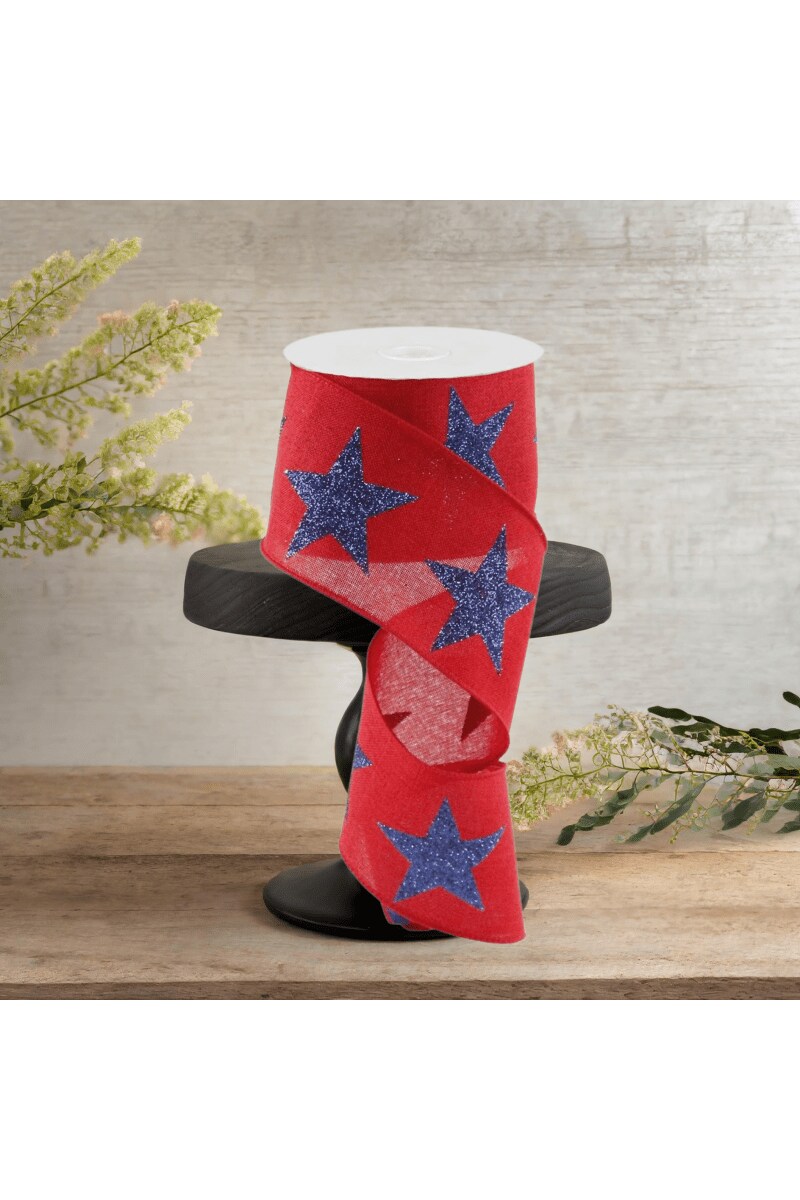 2.5&#x22; Bold Glitter Star Canvas Ribbon: Red (10 Yards)
