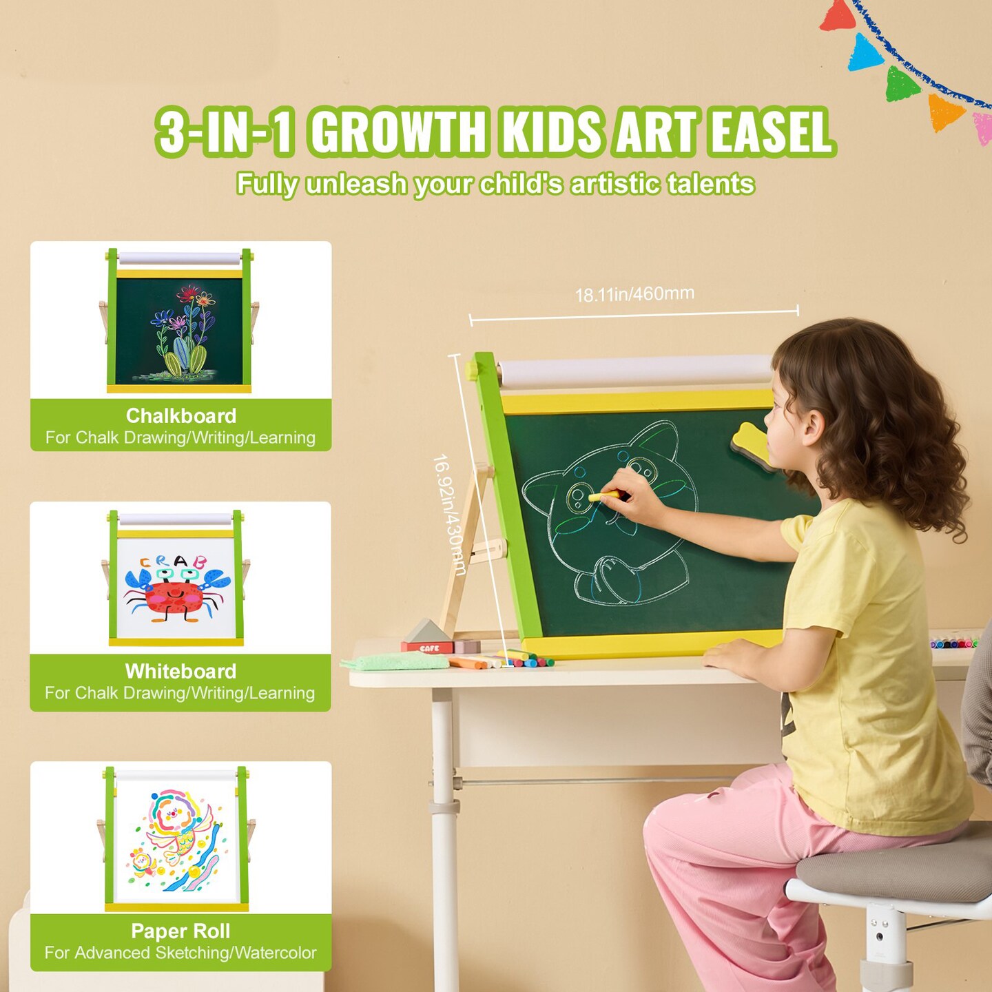 Tabletop Kids Art Easel 3 in 1 Wooden Double Sided with Whiteboard Chalkboard Paper Roll