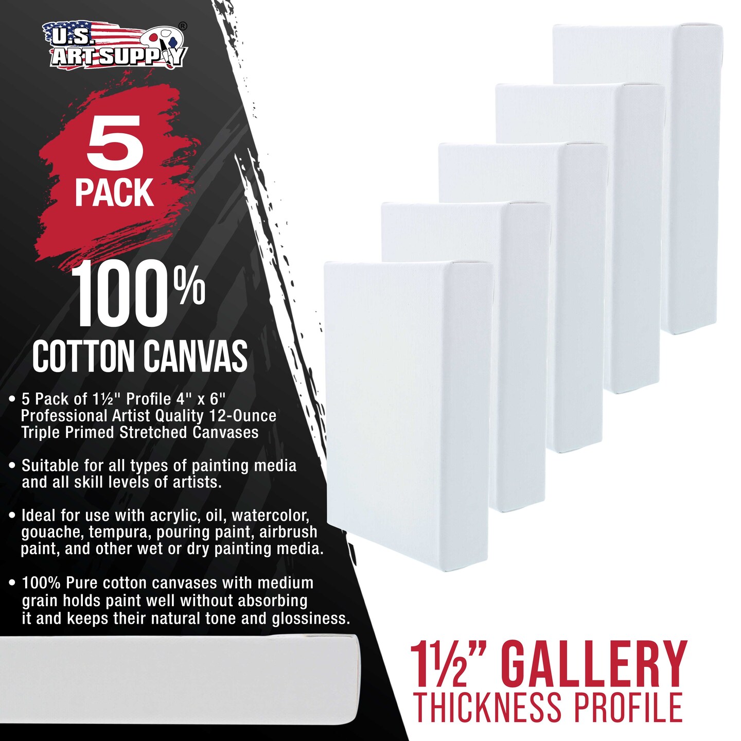 5-Pack Bulk Stretched Canvas for Painting 4 x 6 inch Gallery Depth 1-1/2" Profile - Professional Artist Quality, 100% Cotton 12-Ounce Gesso Triple Primed for Acrylic Pouring, Oil