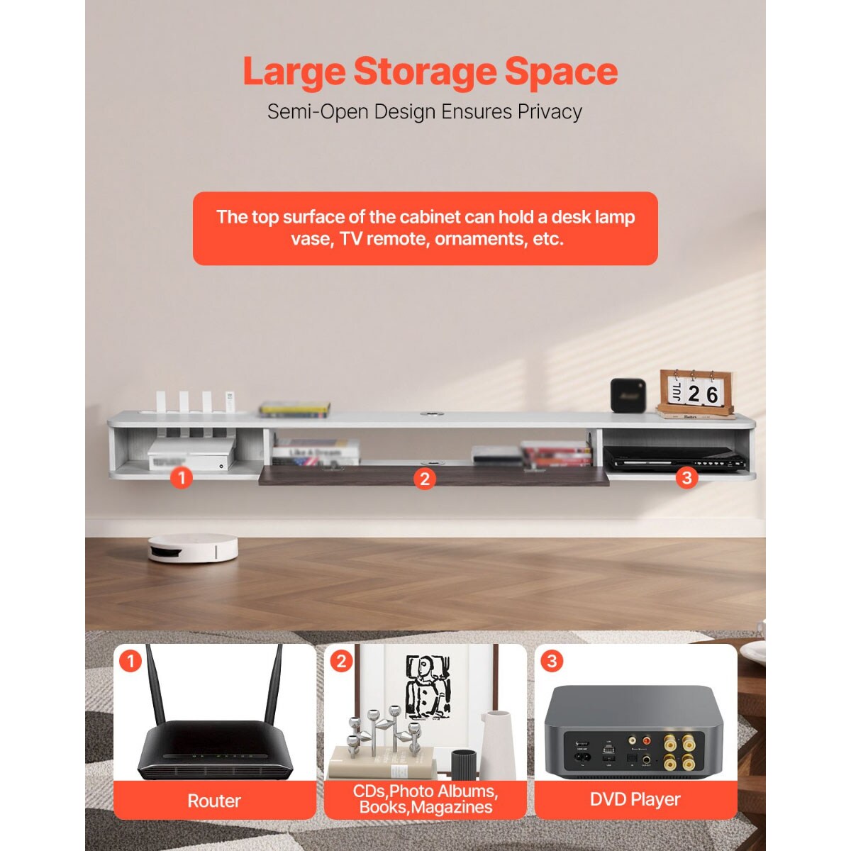 White-Wood Particleboard Wall-Mounted TV Stand with Storage Cabinets and Shelves