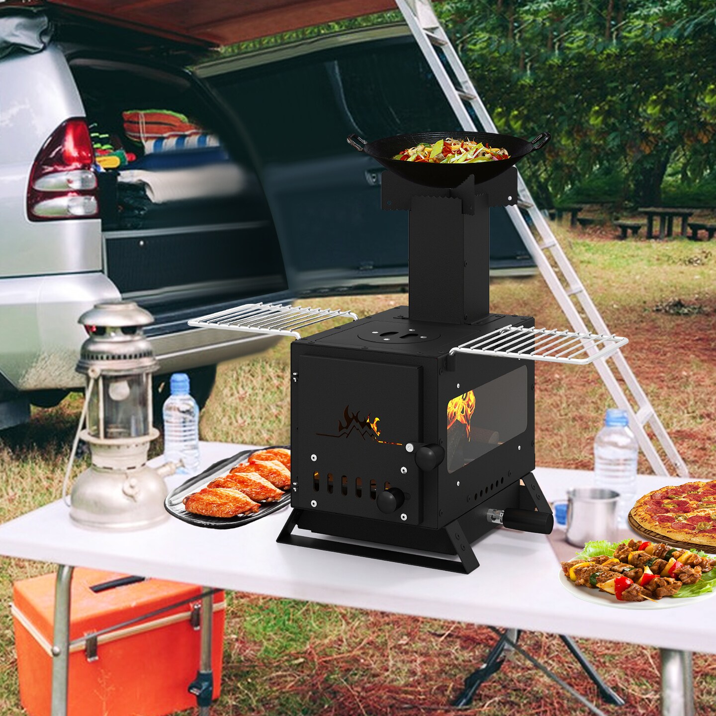 Portable Wood Burning Stove with Oven & Side Grills Outdoor Camping Cooking Stove for Backyard Use