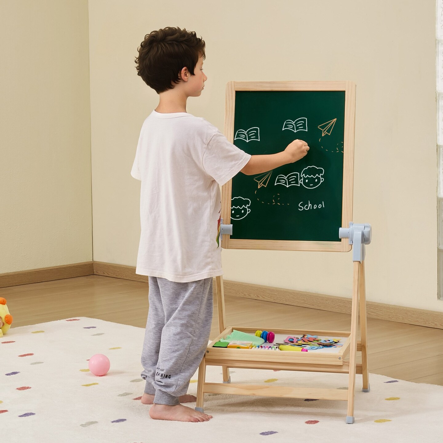 Wooden Kids Art Easel Double Sided with Whiteboard and Chalkboard Adjustable Stand