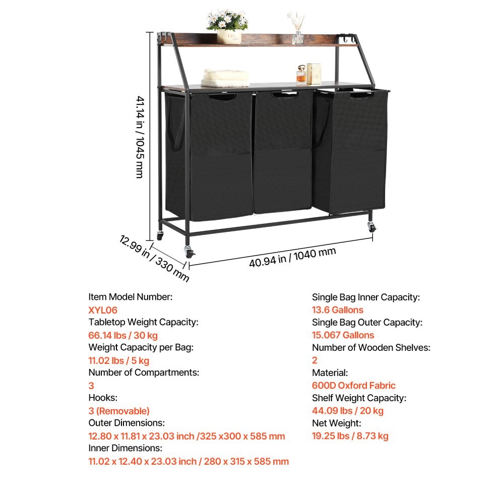Black 600D Oxford Fabric Section Laundry Sorter with Wheels, Hooks and Tabletop