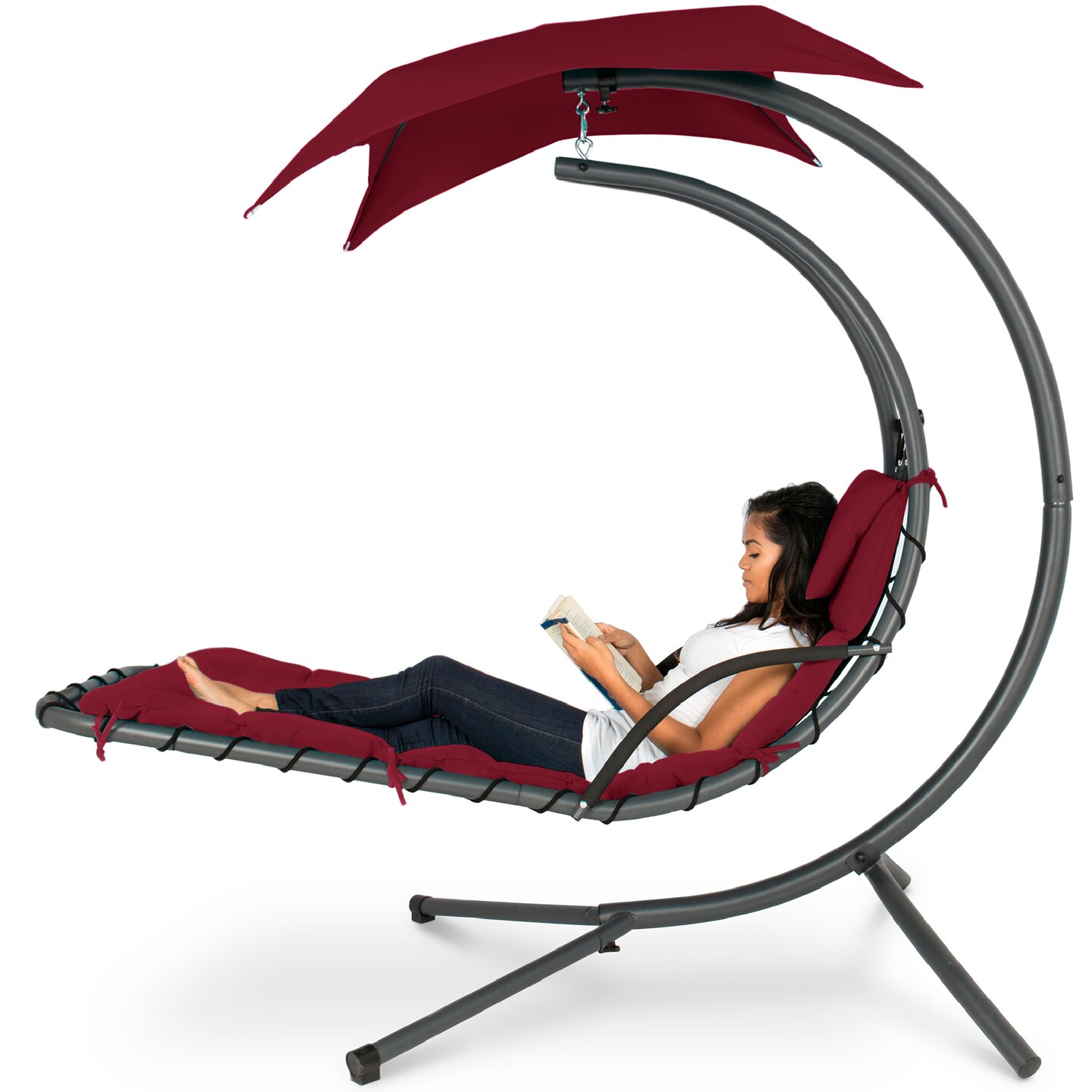 Best Choice Products Hanging Curved Chaise Lounge Chair Swing for Backyard, Patio w/ Pillow, Shade, Stand