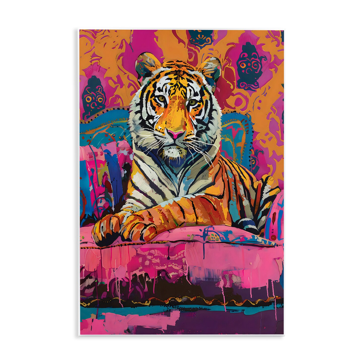 Stupell Industries Lounging Tiger over Orange Pink Wall Plaque, design by LSR Design Studio