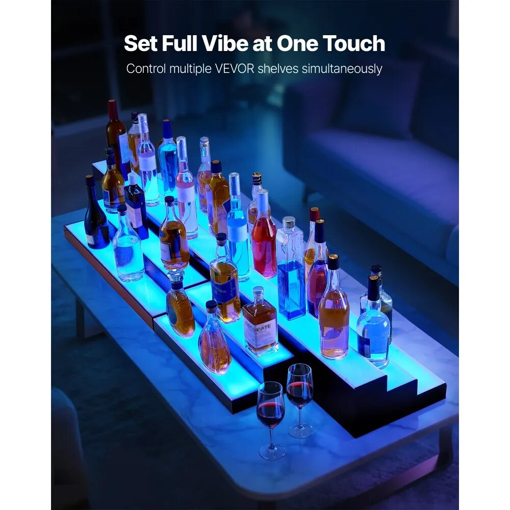 3-Tier LED Liquor Bottle Display Illuminated Acrylic Shelf RF Remote App 7 Colors