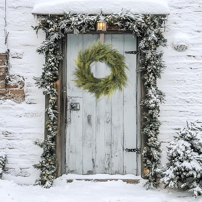 24&#x22; Christmas Wreaths for Front Door, Real-Look Pine Needles Winter Xmas Wreath Outdoor Holiday Decoration, Door Reef for Farmhouse Front Porch Wall Window