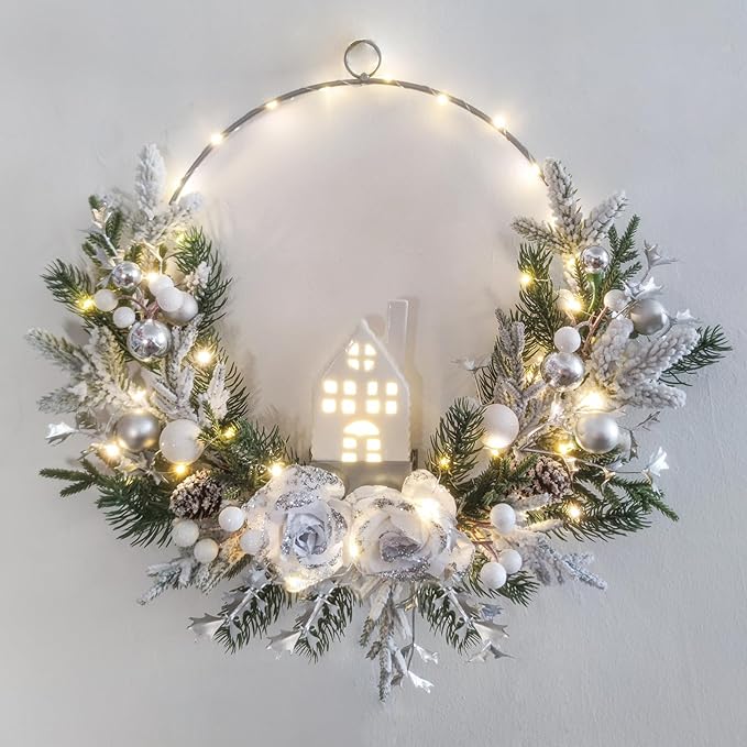 Prelit Christmas Hoop Wreath with Lighted House,Farmhouse Winter Wreath with Lights,16inch Silver White Christmas Wreath for Front Door, Winter Xmas Holiday Porch Decor,Modern Mantel Decoration Gift