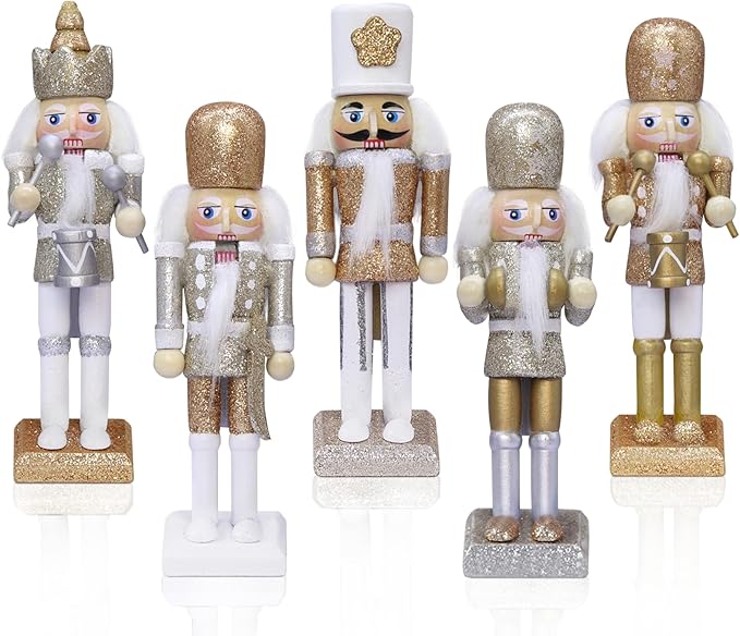 Christmas Nutcracker Ornament Set-Gold and Silver Glittered Christmas Soldier, Nutcrackers Xmas Tree Ornament Set(5.51&#x27;&#x27;, Set of 5pcs)
