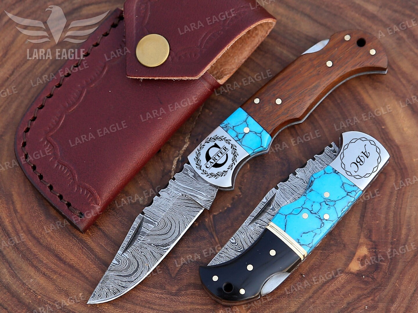 Personalized 6 Inch Custom Made Damascus orders Boot Knife W/Himalayan Wood & Turquoise handle + Leather Clip Case Damascus Knife Damascus Dagger