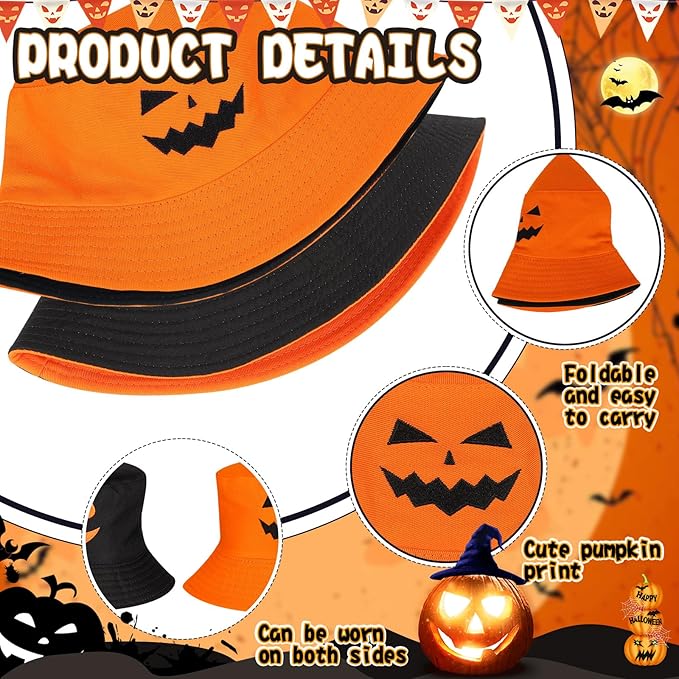 Halloween Bucket Hat for Women Pumpkin Fisherman Hat Cotton Lightweight Print Accessories for Sun Cute Men Fishing Cap Adult for Unisex Travel Orange, Black