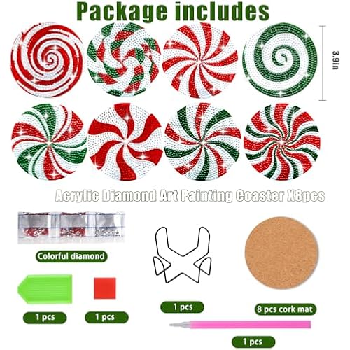 8pcs Christmas Diamond Candy Paintings Coasters Kits with Holder Diamond Art Coasters Acrylic Diamond Art Paintings Ornament for Adults Kids Xmas Decor DIY Crafts (Red Green White)