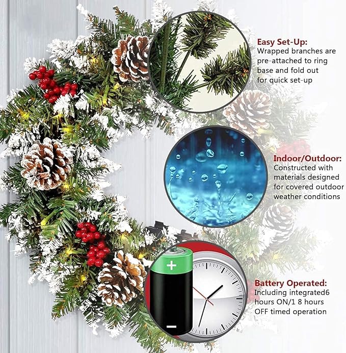 Christmas Wreath for Front Door, 18inch Pre-lit Artificial Xmas Wreath with Hook, 50 LED Lights&#x26;Timer for Door Window Wall Stairs Outdoor Decorations