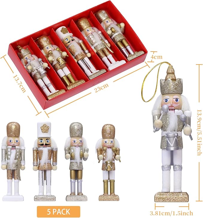 Christmas Nutcracker Ornament Set-Gold and Silver Glittered Christmas Soldier, Nutcrackers Xmas Tree Ornament Set(5.51&#x27;&#x27;, Set of 5pcs)