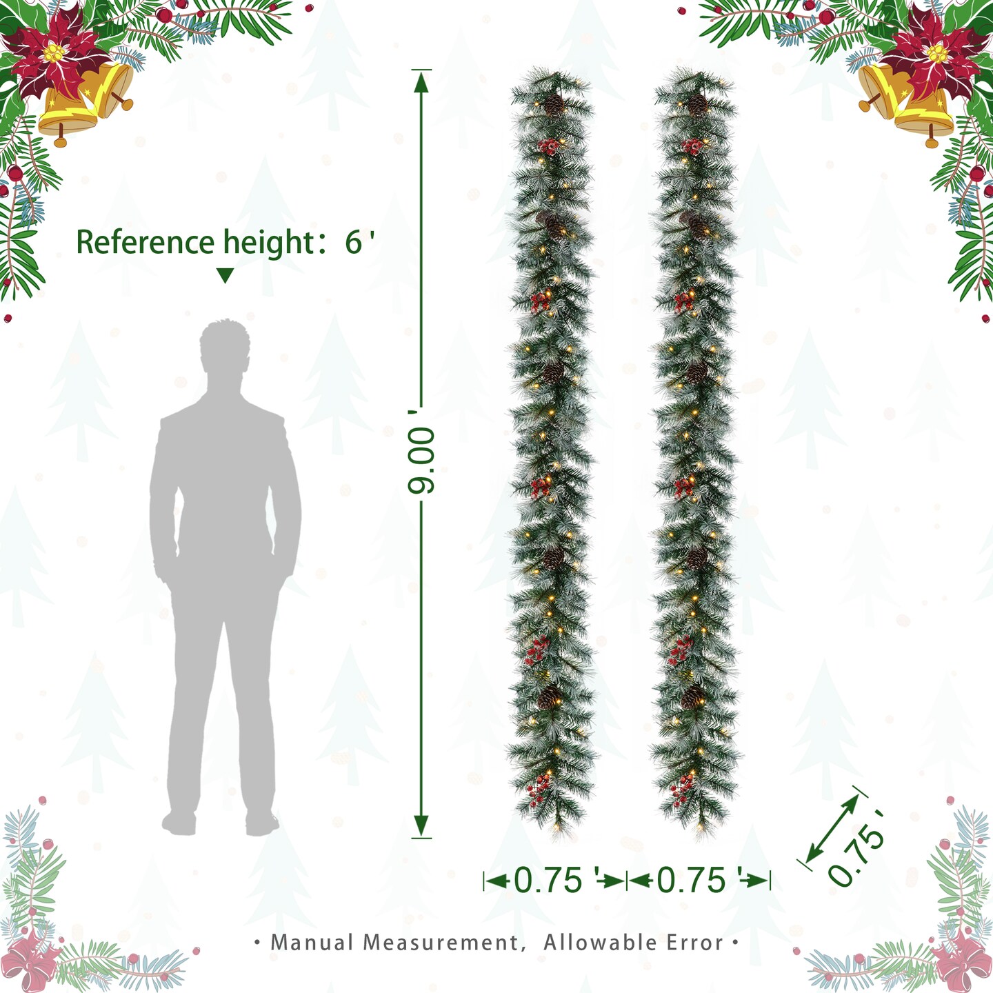 Set of 2 9ft Pre-Lit Christmas Garlands, with Warm White LED Lights with Timer, Three Function