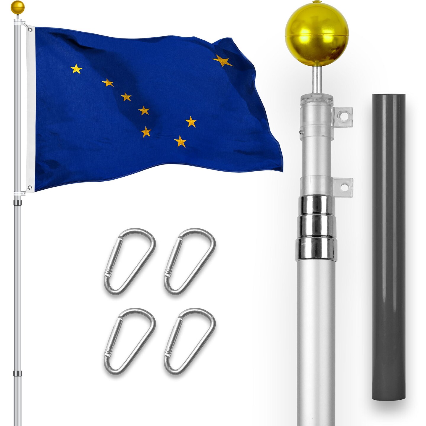 G128 Combo Pack: 16 Ft Telescoping Aluminum Flagpole (Silver) &#x26; Alaska AK State Flag 3x5 Ft, StormFlyer Series Embroidered 220GSM Spun Polyester | Pole with Flag Included