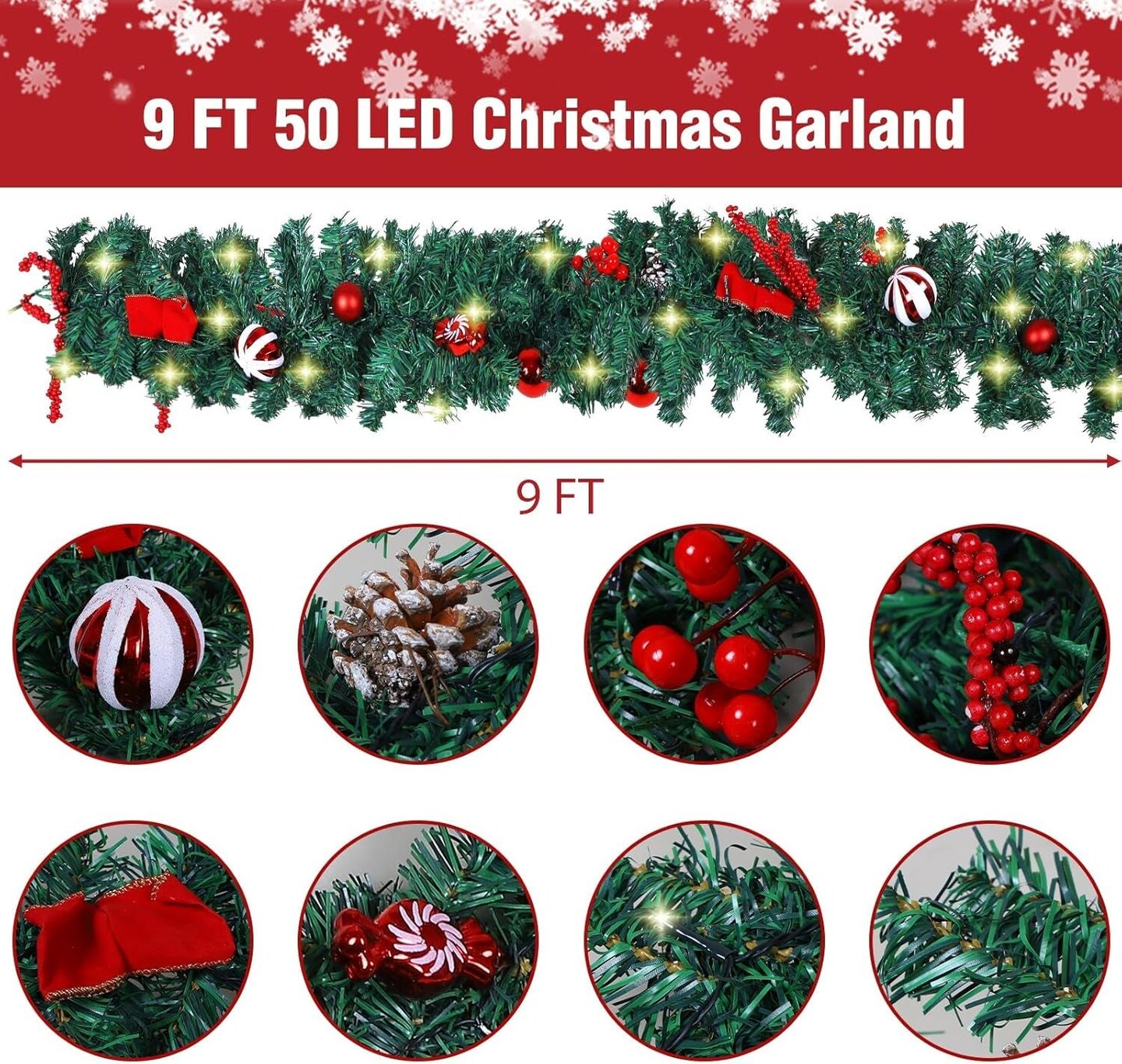 9 FT LED Christmas Garland with Christmas Balls Candies Pinecones Red Berries Bows, Multi-Function Christmas Garland with 50 Warm White LED Lights, 180 Branch Tips