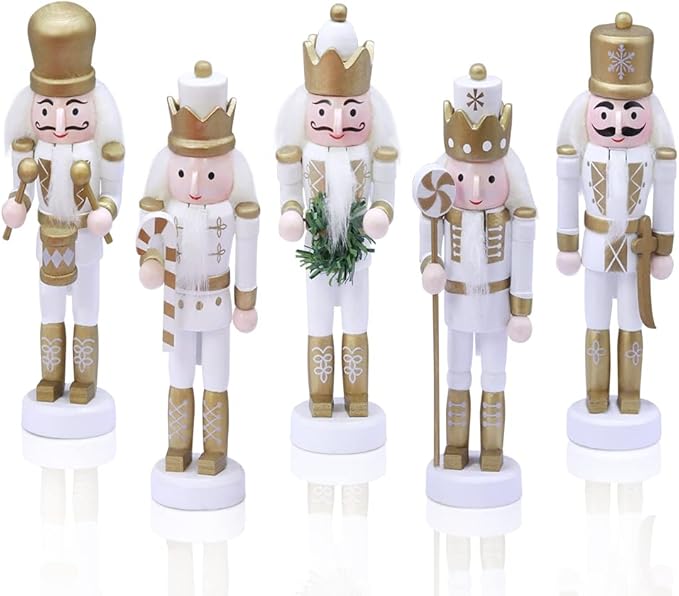 5 PCS Christmas Nutcracker Ornament Set, Nutcracker Figures with Opening Mouths Christmas Decorations for Xmas Tree, Table Decor (White Gold, 5.3&#x27;&#x27;, Set of 5pcs)