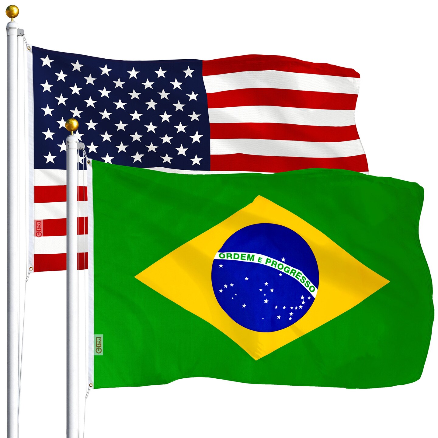 G128 Combo Pack: USA American Flag 3x5 Ft 75D Printed Stars &#x26; Brazil (Brazilian) Flag 3x5 Ft 75D Printed