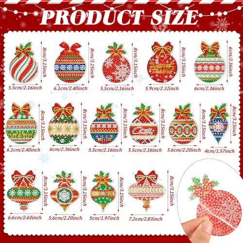 15 Pcs Christmas Balls Diamond Painting Keychains Christmas Diamond Art Ornaments Red Green Christmas Ornaments Christmas Diamond Painting Kits for DIY Crafts