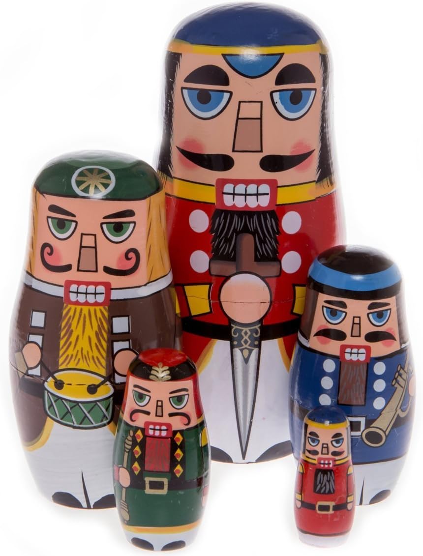 Nutcracker Nesting Doll, 5Pcs Russian Matryoshka Dolls Christmas Nutcracker Figures Handmade Wooden Nutcracker Set