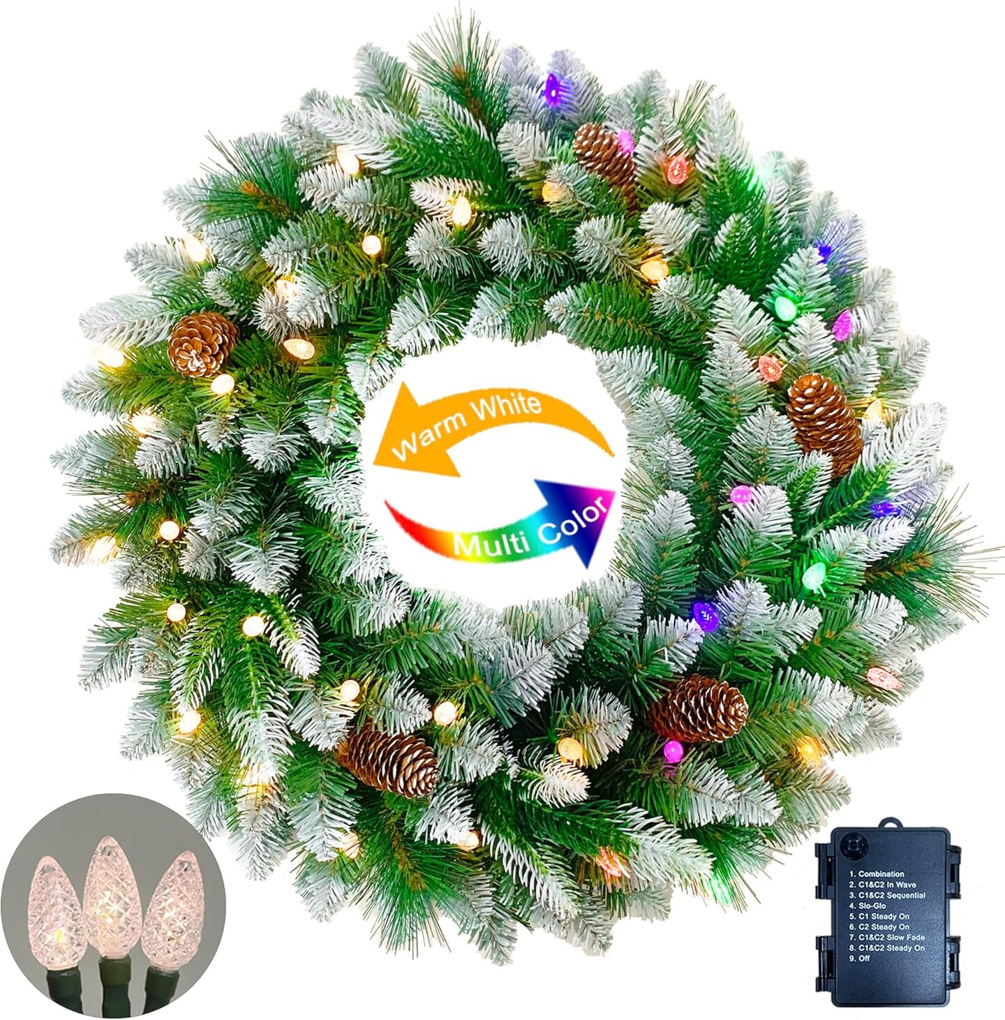 26 inches Pre-lit Snow-Kissed Artificial Christmas Wreath with Pine Cones, 40 C3 Dual-Color Multi-Functional Battery Operated LED Lights with Timer