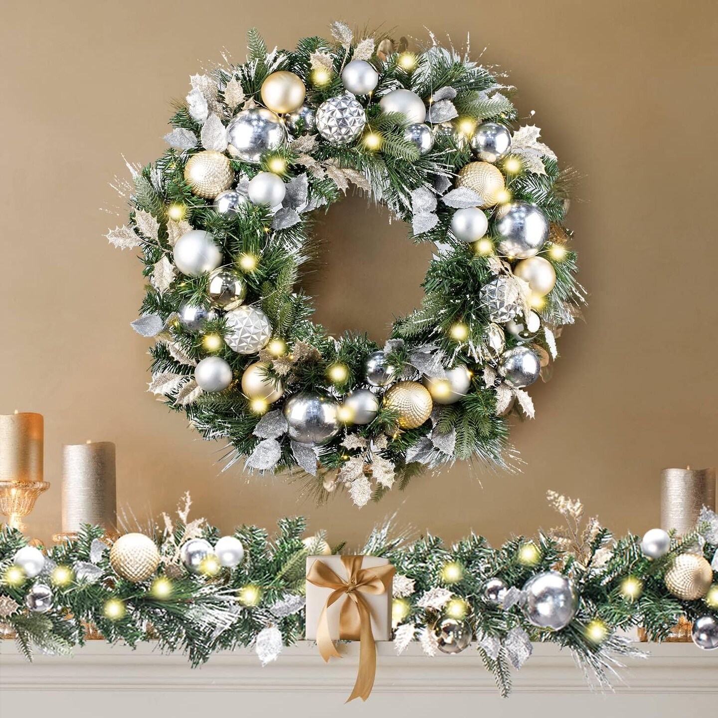Pre-Lit 30 Inch Large Christmas Wreath for Front Door with 50 Led Lights,Champagne Gold Lighted Christmas Door Wreath Decor with Ball Ornaments, Battery Operated