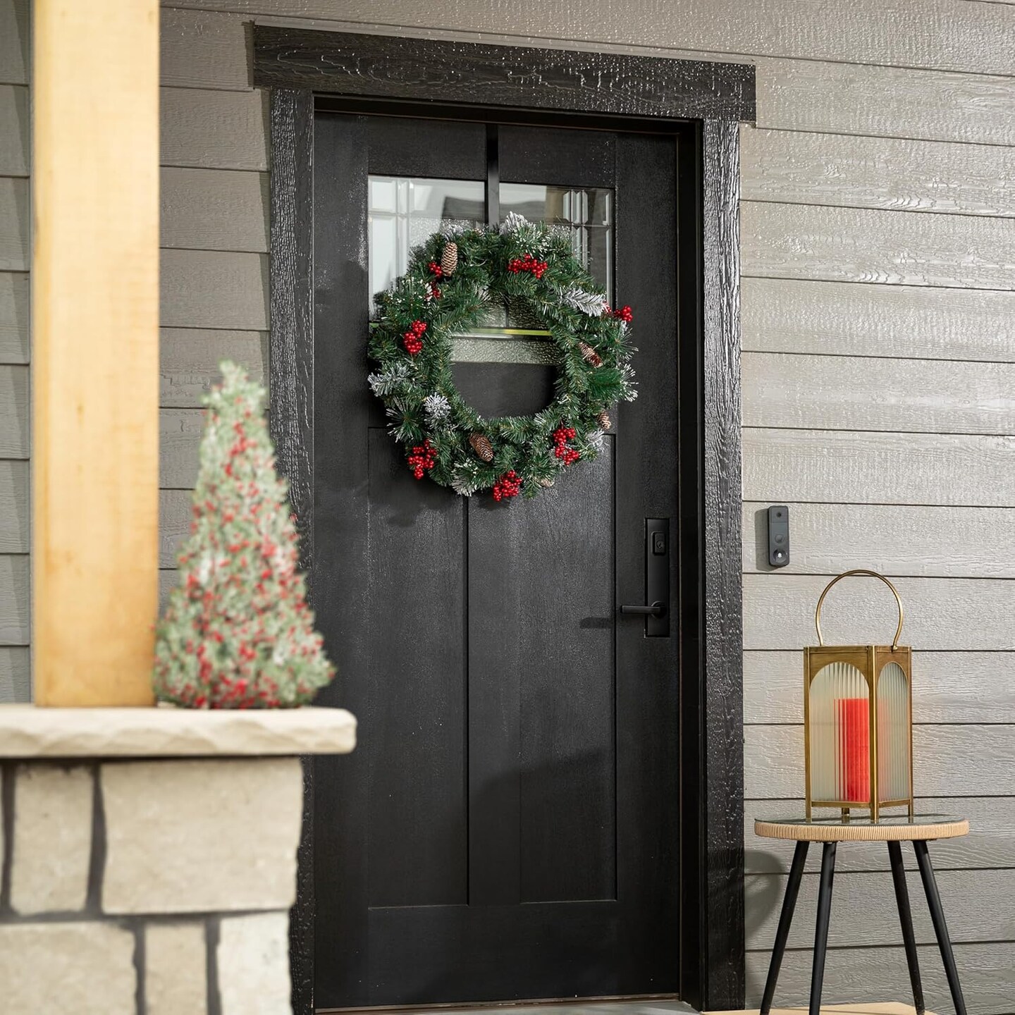Prelit 24&#x22; Christmas Wreath, Christmas Decor, Christmas Door Wreath with Lights, Lighted Pine Christmas Wreath, Flocked Tips Pine Red Berry Wreath with Lights, Battery Timer, Holiday D&#xE9;cor Visit the Sullivans Store