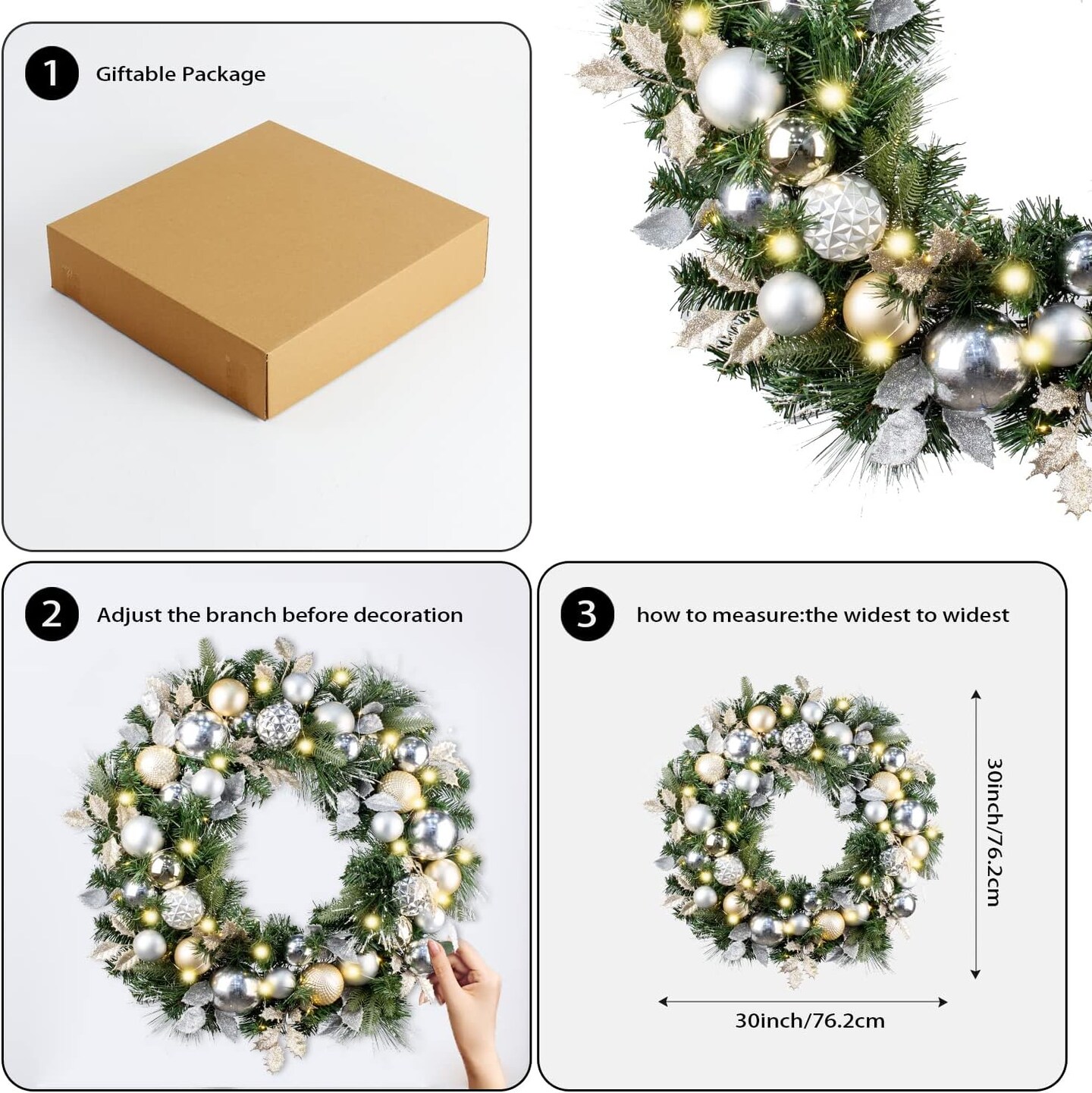 Pre-Lit 30 Inch Large Christmas Wreath for Front Door with 50 Led Lights,Champagne Gold Lighted Christmas Door Wreath Decor with Ball Ornaments, Battery Operated