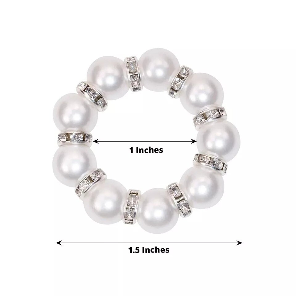4 White Faux Pearl Beads Silver Rhinestones NAPKIN RINGS Party Event Decorations