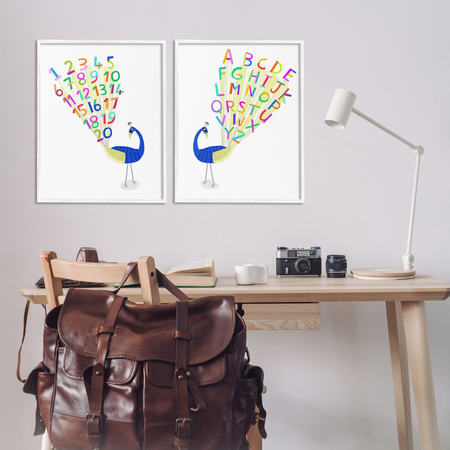 Stupell Industries Peacock Alphabet Numbers 2 pc Framed Giclee Wall Art Set Design by Carla Daly