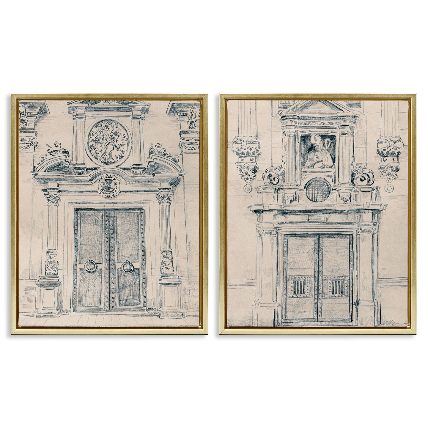 Stupell Industries Pencil Sketch Ornate Door 2 pc Framed Floater Canvas Wall Art Set Design by June Erica Vess