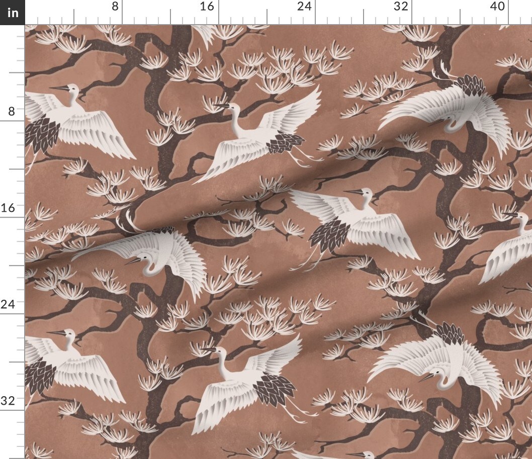 Nature Birds Cranes Chinoiserie Botanical Earth Tone Trees Floral Monochrome In Flight Custom Printed Fabric by Spoonflower Various Fabrics by the Yard or Fat Quarter