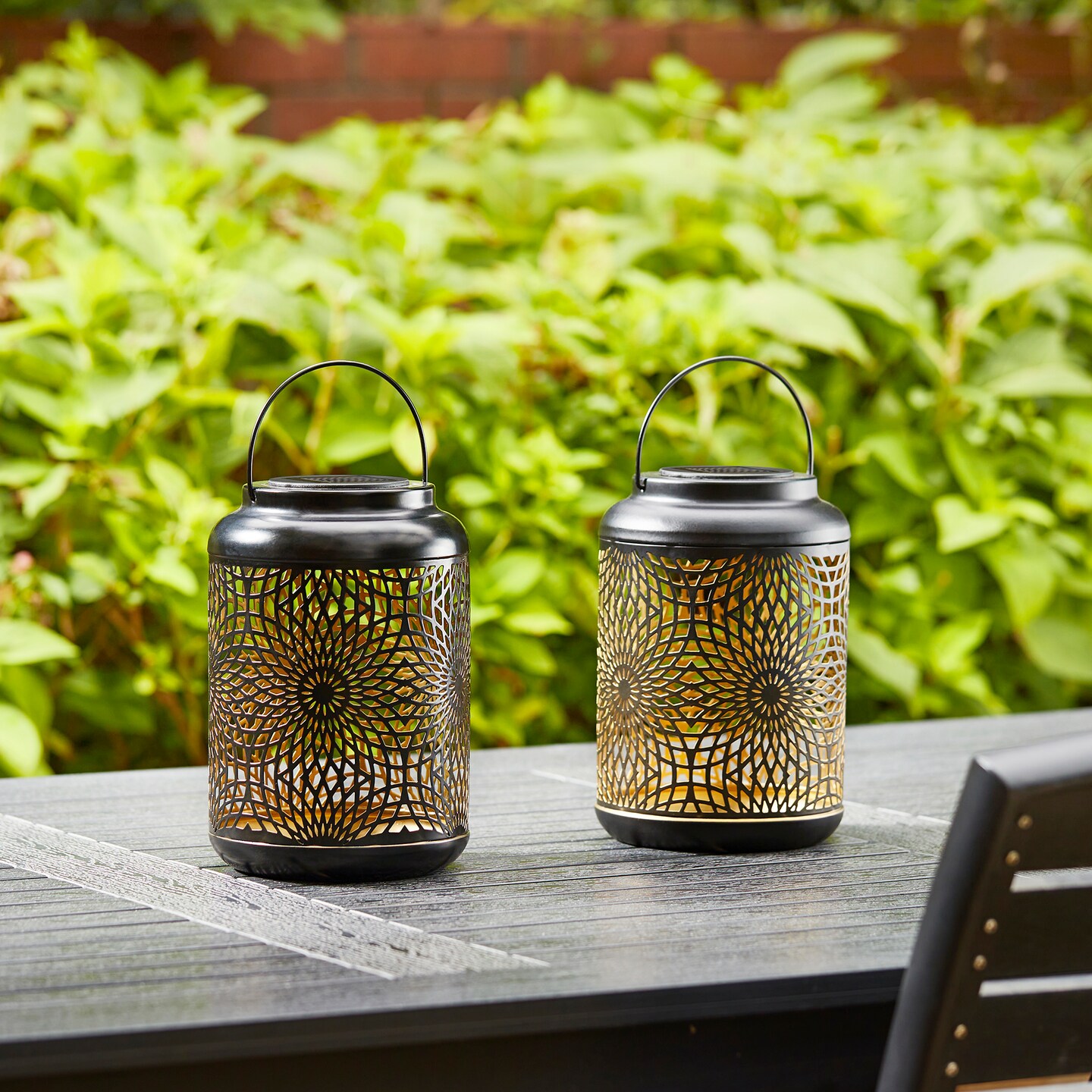 Set of 2/4 8.75&#x22;H Metal Cutout Scrollwork Solar Powered LED Outdoor Lantern with handle