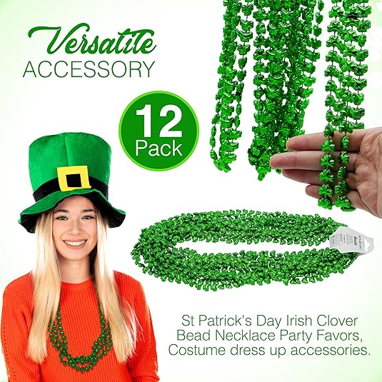 4E&#x27;s Novelty St Patricks Day Beads Necklace Bulk (12 Pack) Shamrock Clover Green Beads - St. Patrick&#x27;s Day Gifts for Kids, Kids Party Favor Supplies Costume Accessories