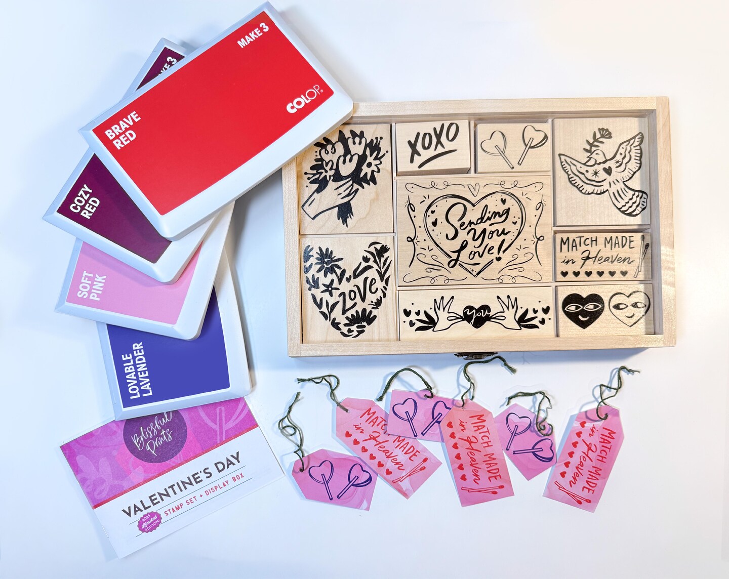 COLOP Blissful Prints ( LIMITED EDITION) Holiday Stamp Set, 9 Piece Giftable Valentine Stamp Set with Decorative Box, Stamps for Valentine Cards, Gift Tags, and Holiday Scrapbooking (Valentine)