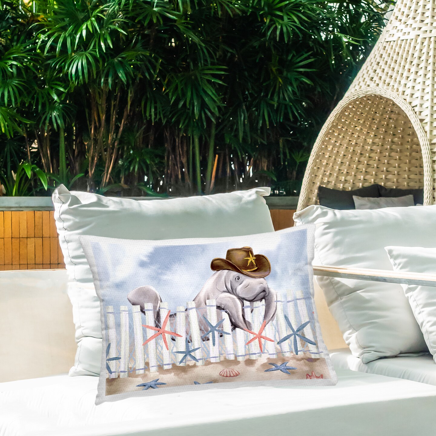 Coastal Cowboy Manatee Design by Ziwei Li Outdoor Printed Pillow