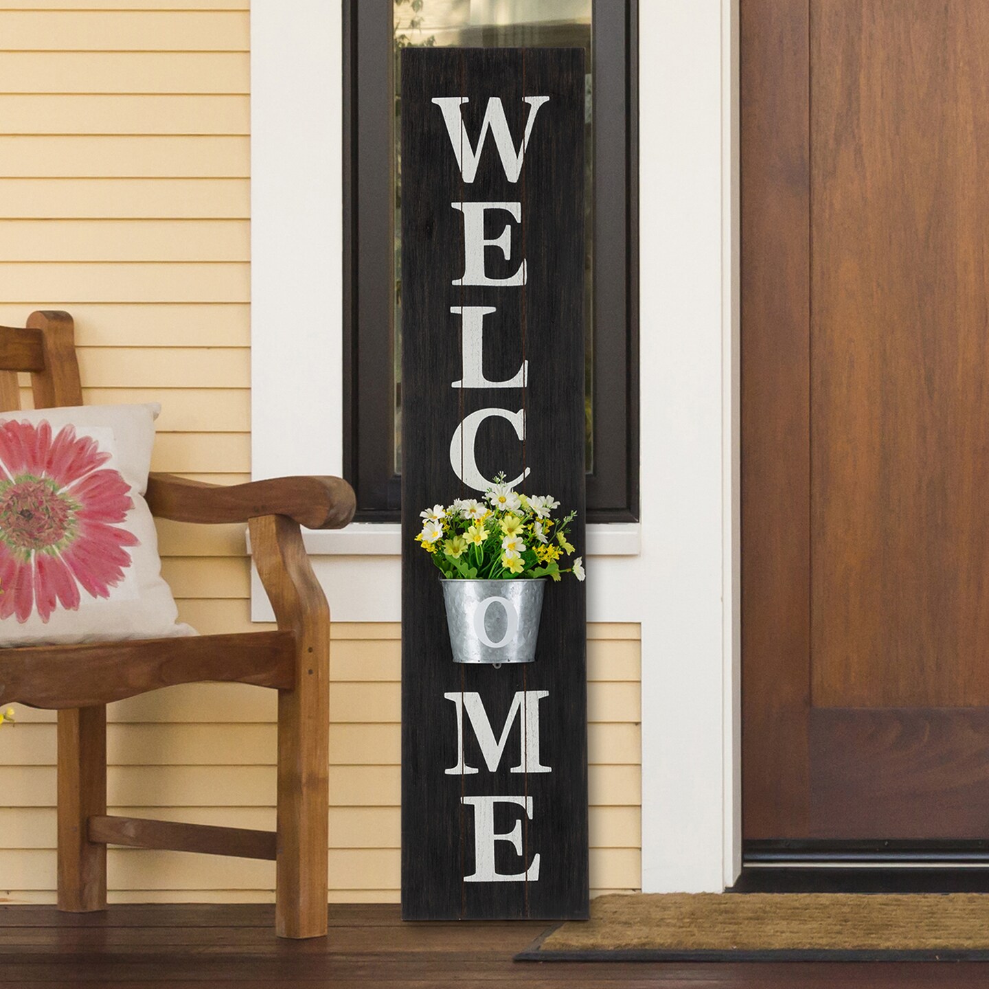 42&#x22;H Wooden WELCOME Porch Sign with Metal Planter