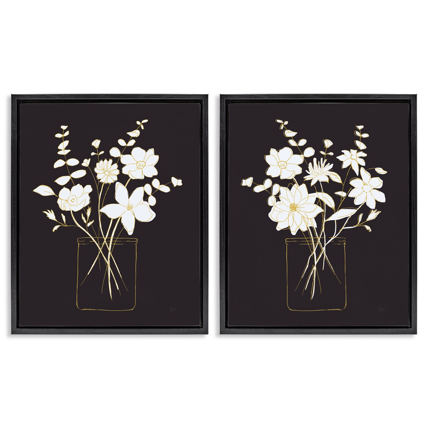 Stupell Industries Minimalist Flower Sketch in Jar 2 pc Framed Floater Canvas Wall Art Set Design by Nan
