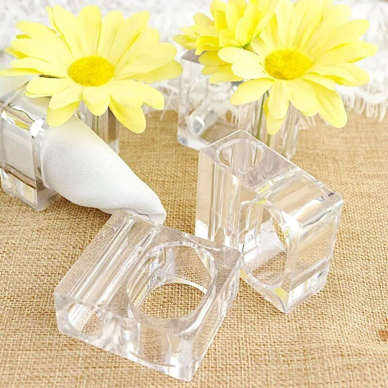 4 Clear Square Acrylic Dinner NAPKIN RINGS Mini Flower Holders Party Decorations