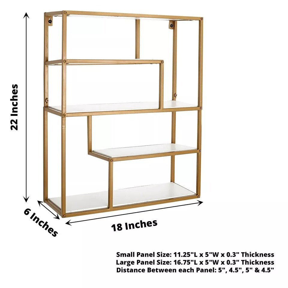 22 in Gold 4 Tier Rectangle Metal Geometric HANGING SHELF White Wood Party Home
