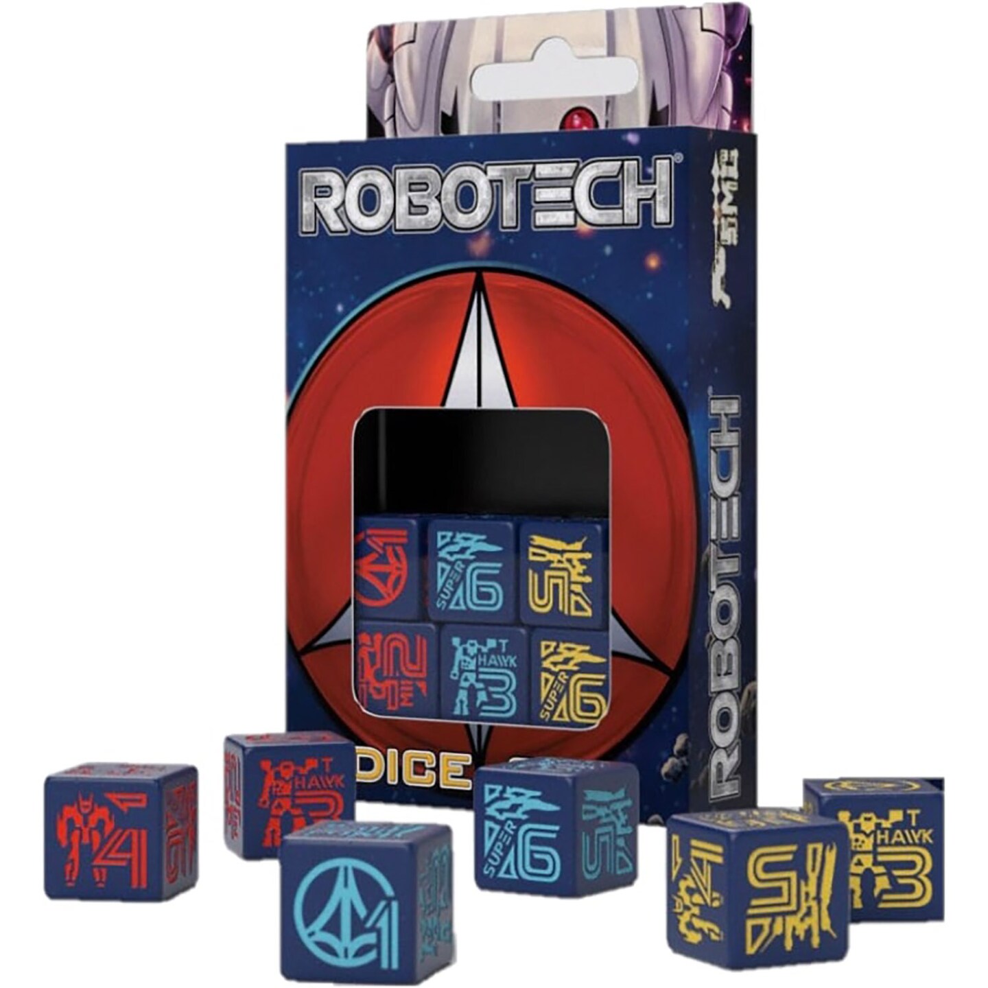 Strange Machine Games: Robotech: The Macross Saga Dice Set - 6pc Q-Workshop D6, 16mm Yellow-Blue-Red, Tabletop Roleplaying Game Accessory, Licensed