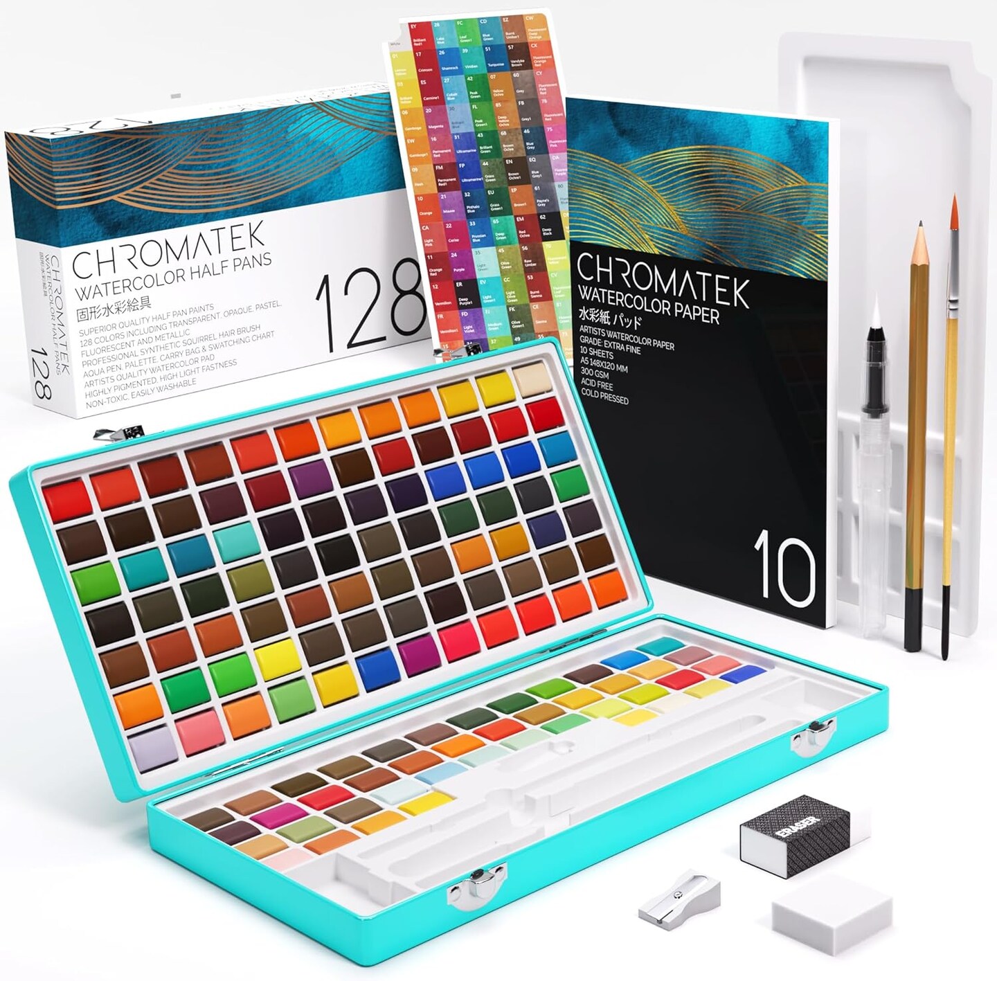 Watercolor Paint Set, 128 Vivid Colors in Portable Box, With Pad, Brushes and Everything Else you Need to Start Painting, Travel Kit