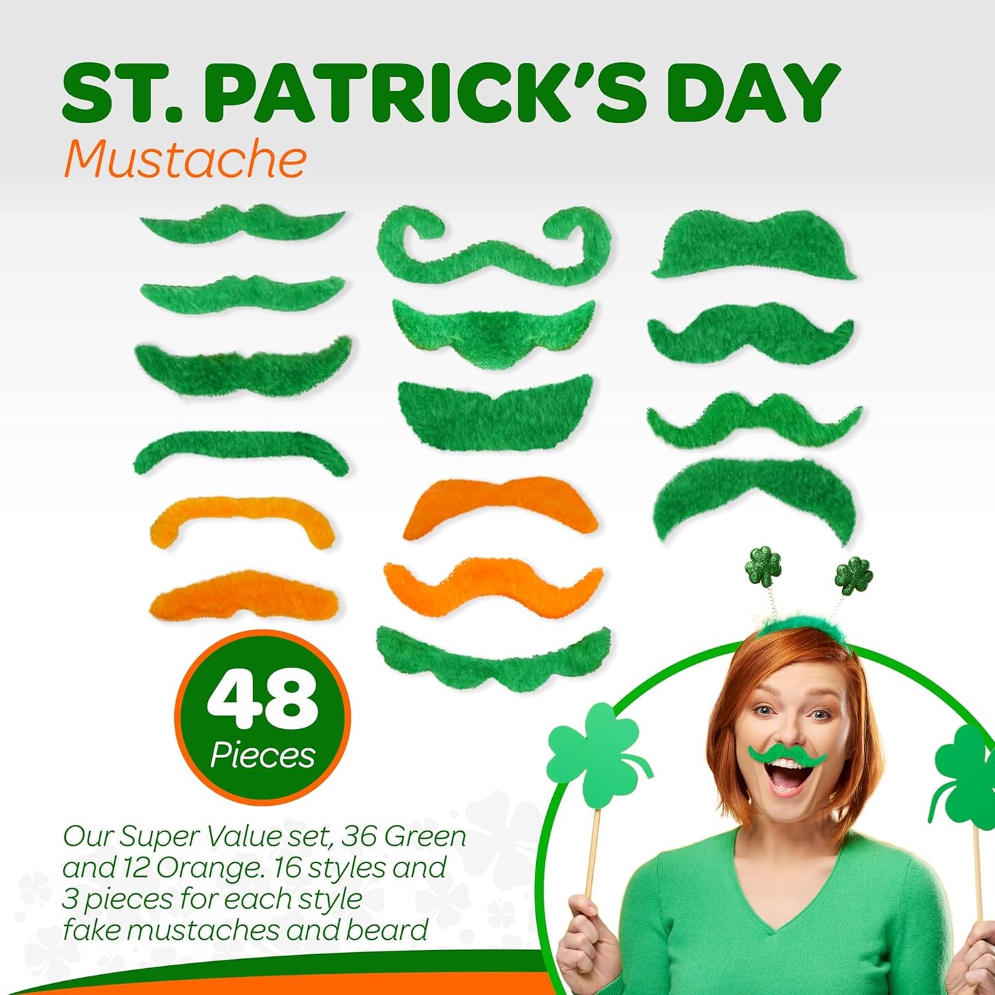 4E's Novelty 48 Pack St. Patrick's Day Mustache Green & Orange Mustaches Bulk Fake Beard Self Adhesive St Patrick Accessory Party Favor Supply