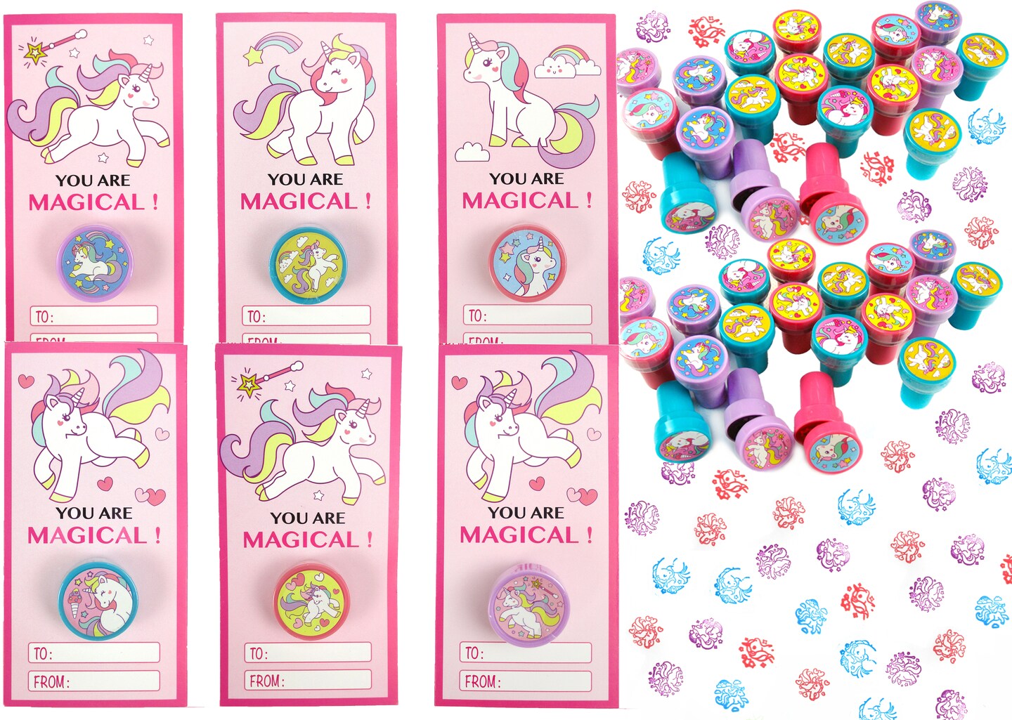 Tiny Mills 36 PACK Unicorn Cards with Unicorn Stampers for Valentine's Day Classroom Exchange
