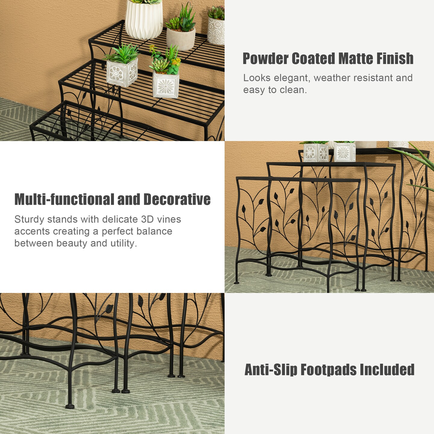 Set of 3 Rectangular Nesting Black Metal Plant Stand