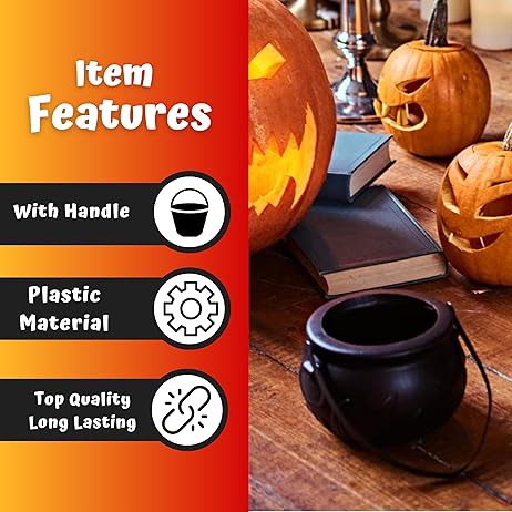 Black Cauldron Plastic 12 Mini & 1 Large 7"- for Halloween Cauldron Black Candy Bucket for Trick or Treat Container for Kids Table Décor Kids Party Favors Supplies By 4E's Novelty