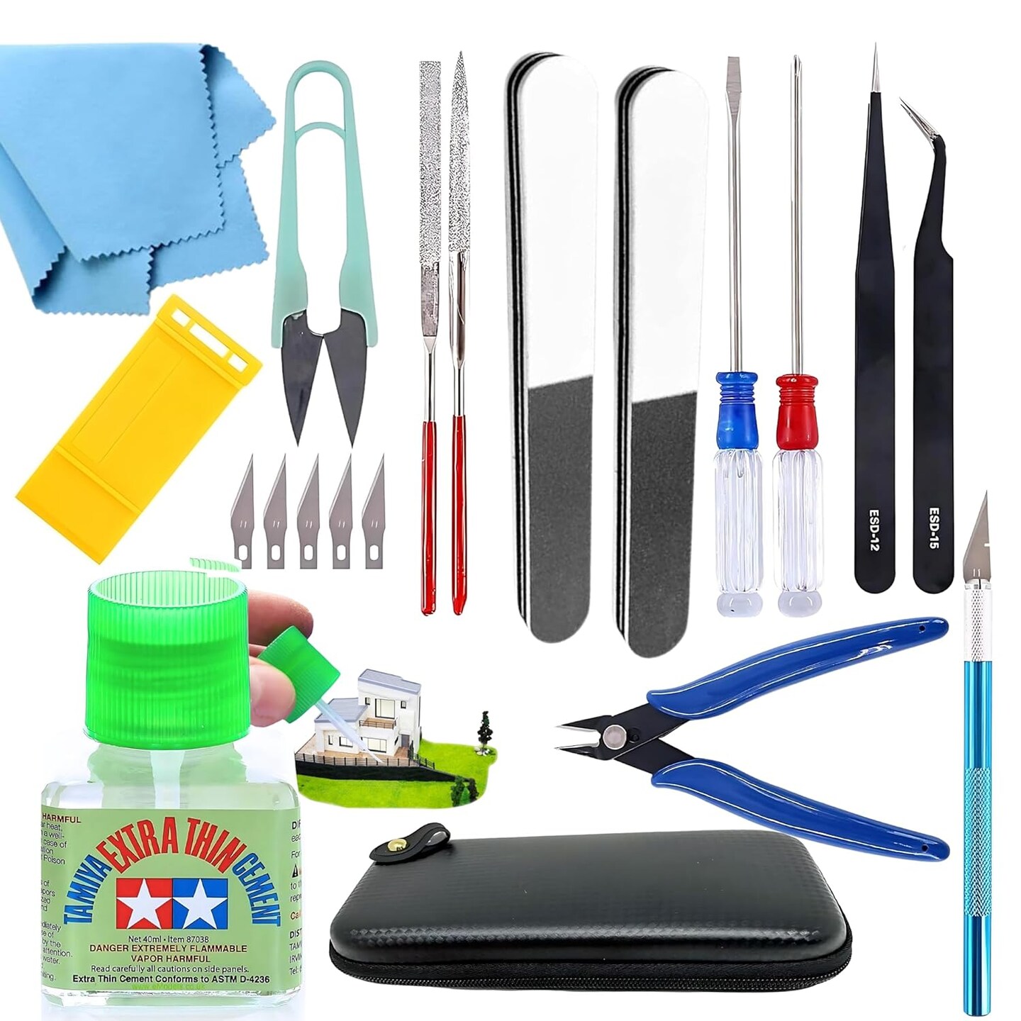 Tamiya Extra Thin Cement with Fine Tip Applicator and Pixiss Gundam Model Toolkit - 4 Oz Plastic Model Glue for Miniatures, Model Kits - Miniature Tool Kit Including Mini Tweezers, Pliers, Nippers